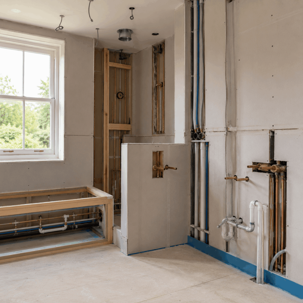 Brann New Homes first-fix bathroom plumbing and electrics image in Crowborough, East Sussex