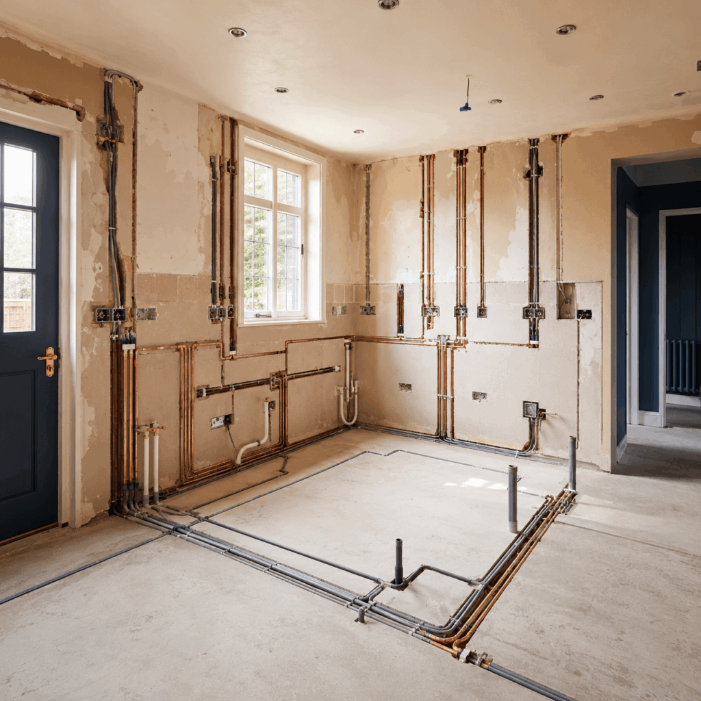 Brann New Homes first-fix plumbing and electrics for kitchen refurbishment in Crowborough
