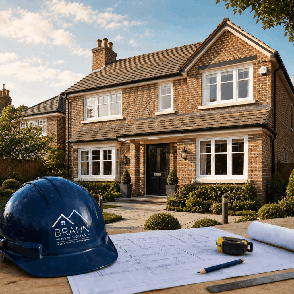 Brann New Homes property renovations in Crowborough, East Sussex with renovated UK home, plans and hard hat