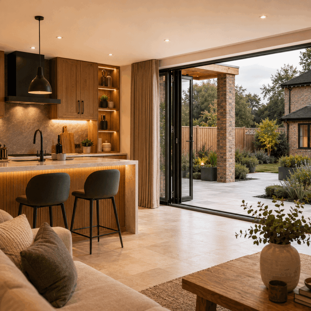 Brann New Homes property renovations in Crowborough showing open plan kitchen renovation with premium finishes