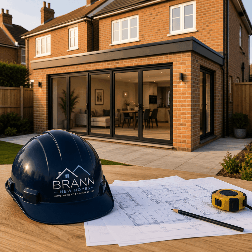 Brann New Homes rear house extensions in Crowborough, East Sussex with modern brick extension and hard hat