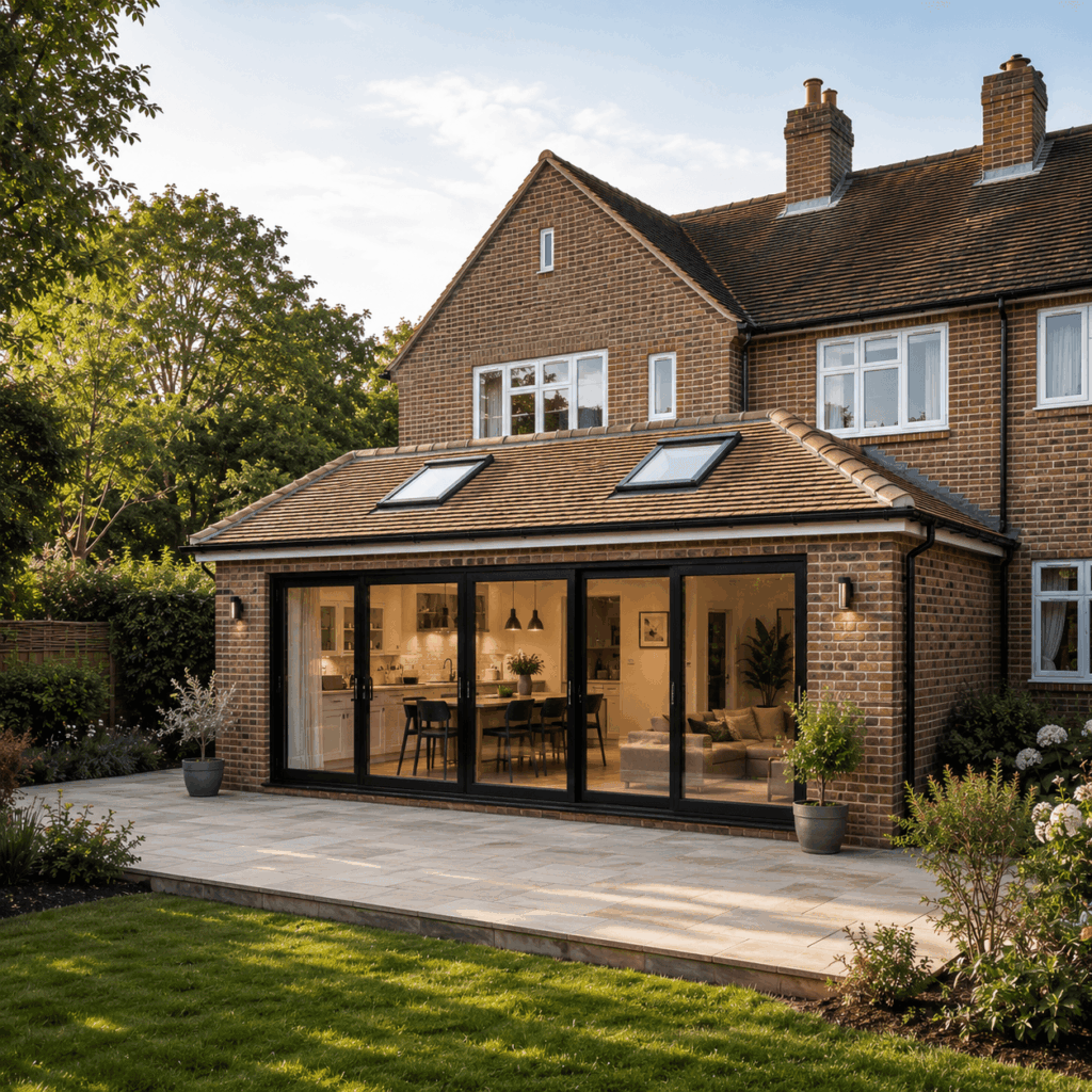 Brann New Homes rear house extension in Crowborough, East Sussex with brickwork, rooflights and bifold doors