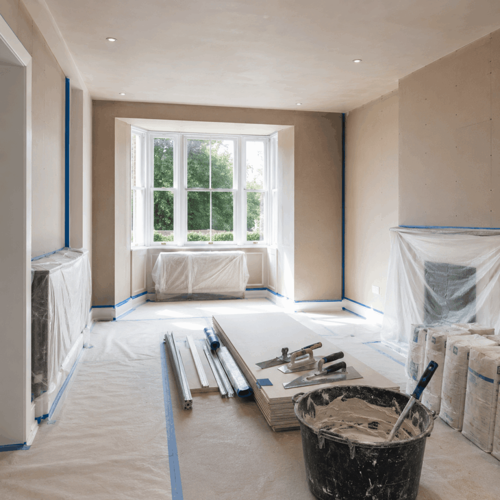 Brann New Homes plastering preparation image showing protected room and plasterboard in Crowborough