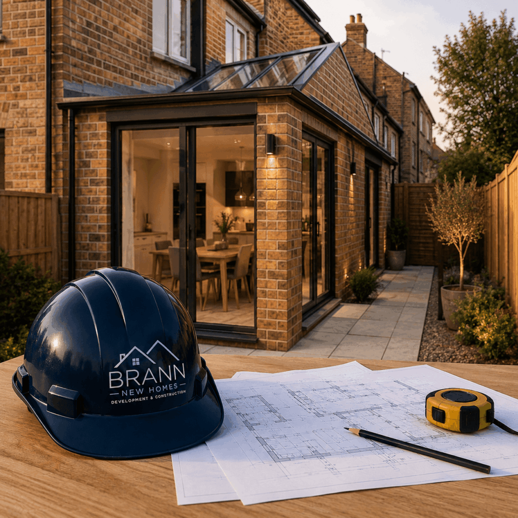 Brann New Homes side return extensions in Crowborough, East Sussex with glass roof, brick wall and hard hat