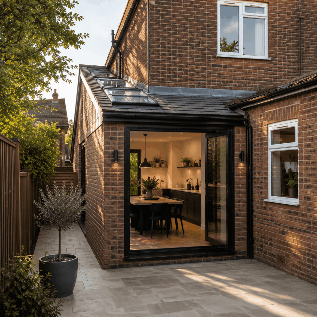 Brann New Homes rear house extension in Crowborough, East Sussex with brickwork, rooflights and bifold doors