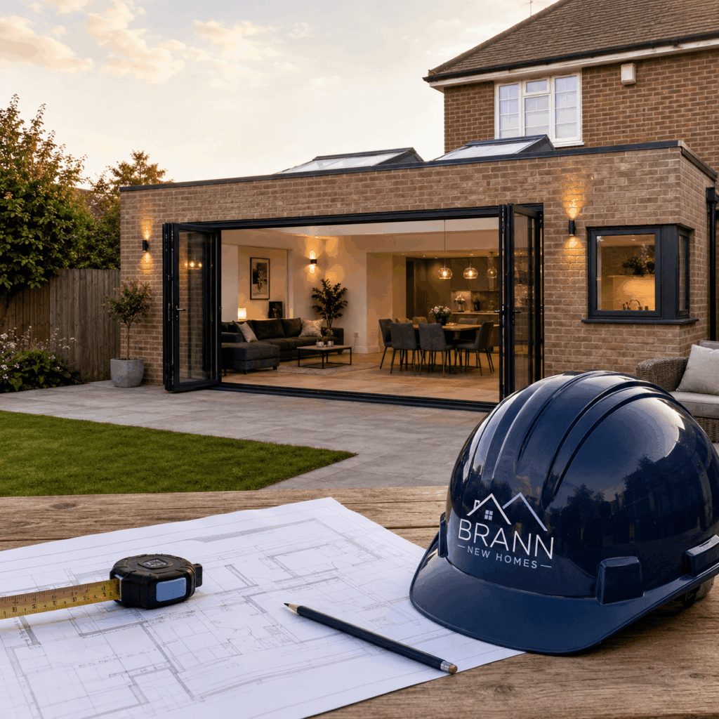 Brann New Homes single storey extensions in Crowborough, East Sussex with flat roof, rooflights and bifold doors