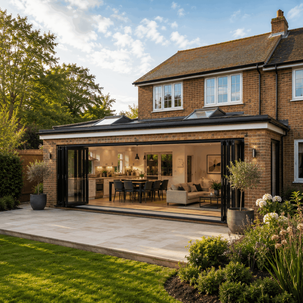 Brann New Homes single storey extension in Crowborough, East Sussex with bifold doors and garden