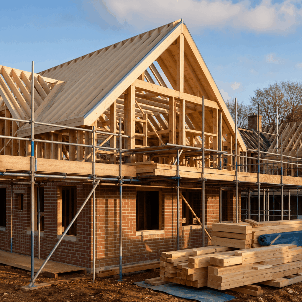 Structural carpentry and roofing on a new build home in Crowborough, East Sussex by Brann New Homes Ltd