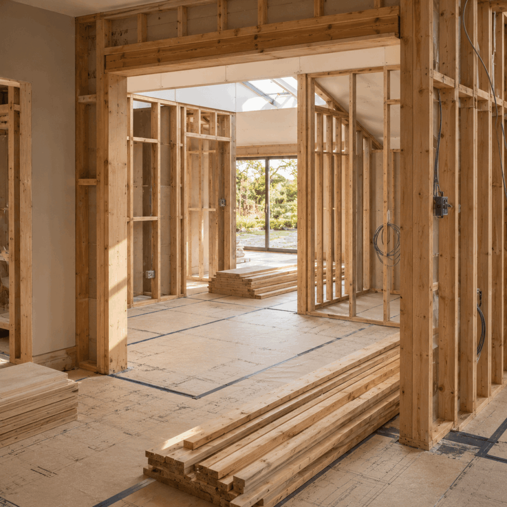 Brann New Homes structural carpentry image showing timber studwork in Crowborough, East Sussex