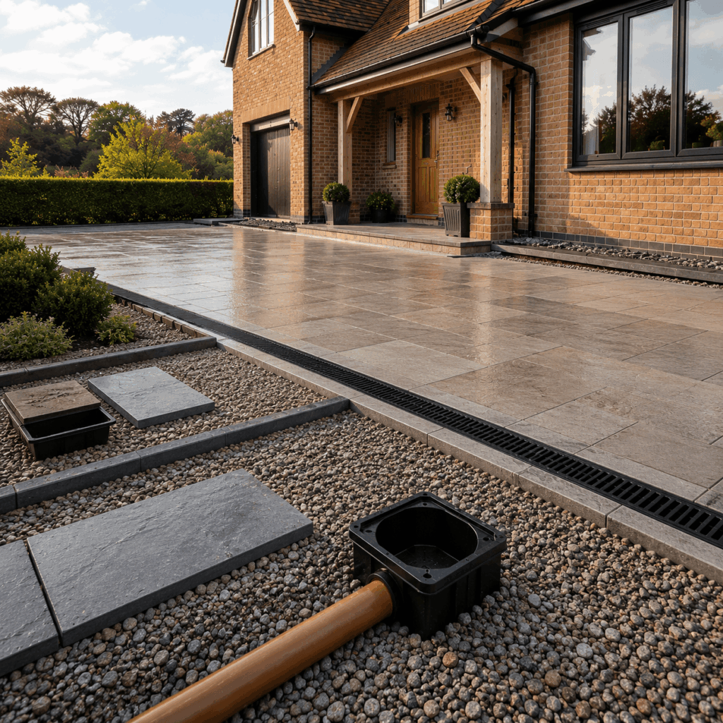 Brann New Homes surface water drainage image showing patio run-off in Crowborough, East Sussex