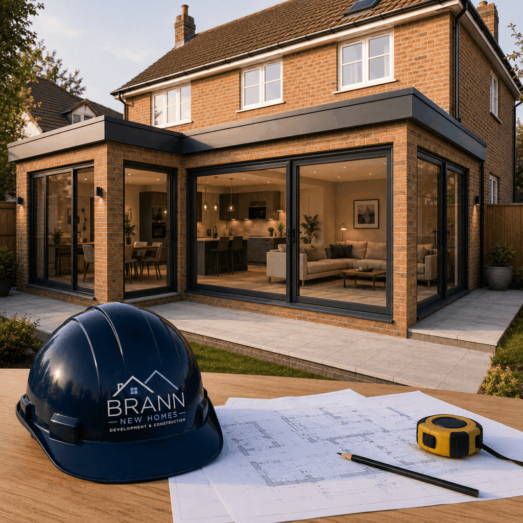 Brann New Homes wraparound extensions in Crowborough, East Sussex with side and rear brick extension