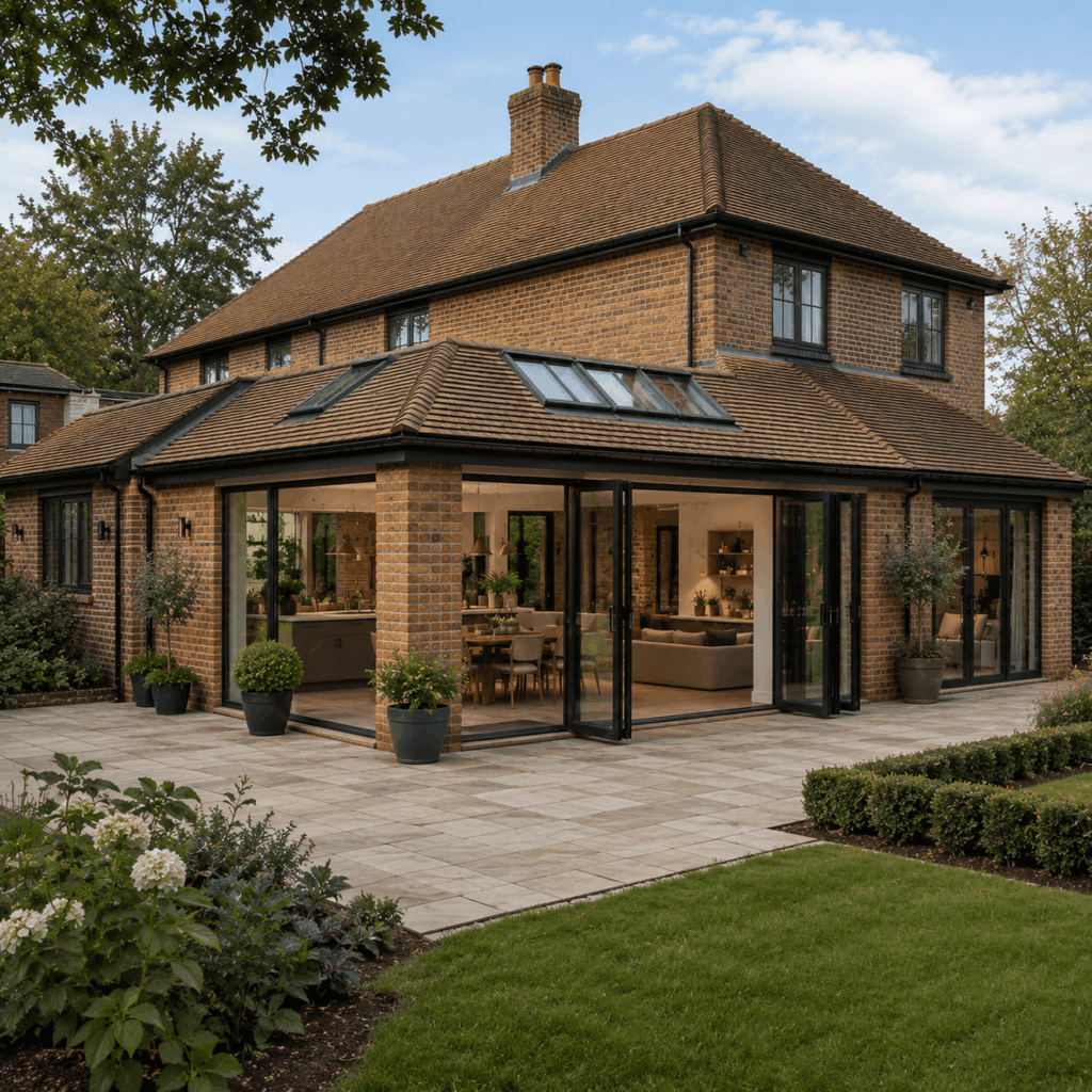 Brann New Homes wraparound extension in Crowborough, East Sussex with brickwork, rooflights and bifold doors