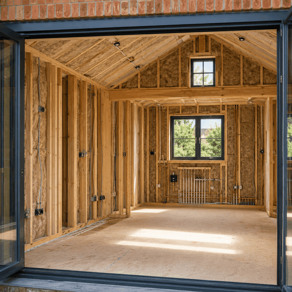Detached garage first-fix services by Brann New Homes builders in Crowborough, East Sussex