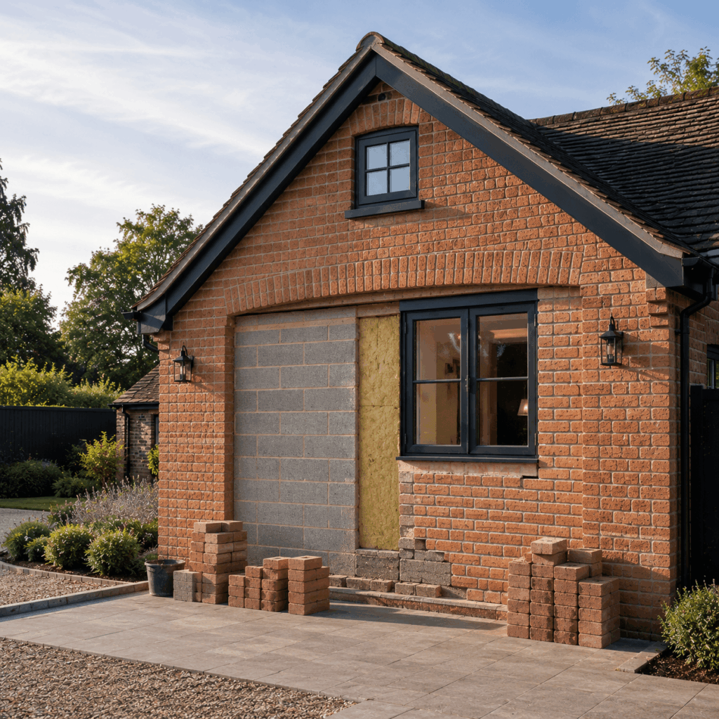 Detached garage brickwork and door infill by Brann New Homes builders in Crowborough, East Sussex