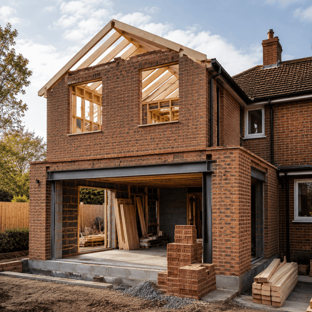 Double storey extension brickwork and roof structure by Brann New Homes builders in Crowborough, East Sussex