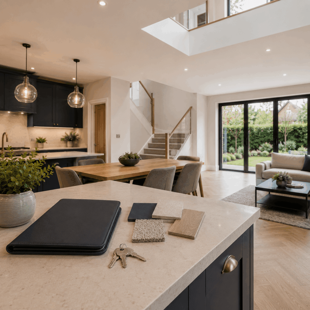 Double storey extension handover with keys by Brann New Homes builders in Crowborough, East Sussex
