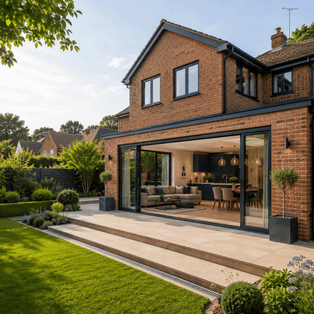 Double storey extension patio and landscaping by Brann New Homes builders in Crowborough, East Sussex