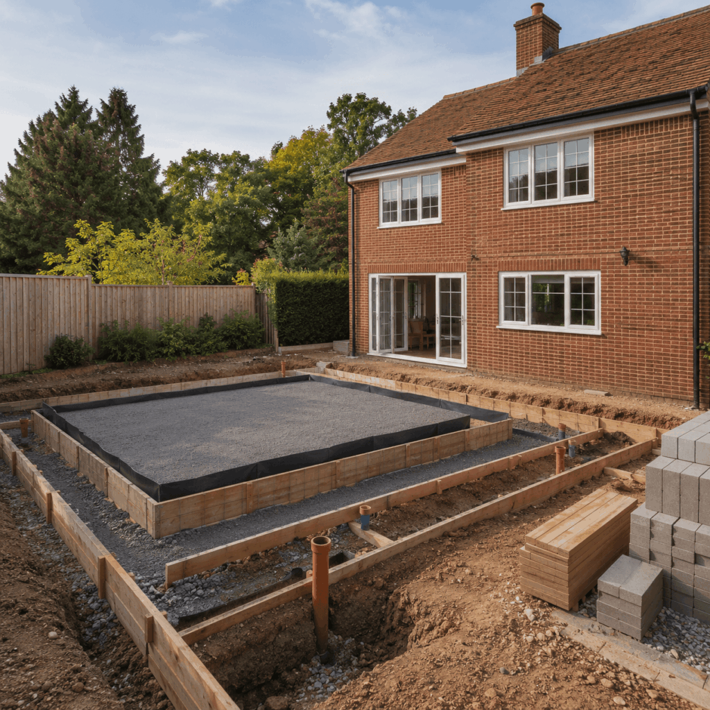 Double storey extension foundations by Brann New Homes builders in Crowborough, East Sussex