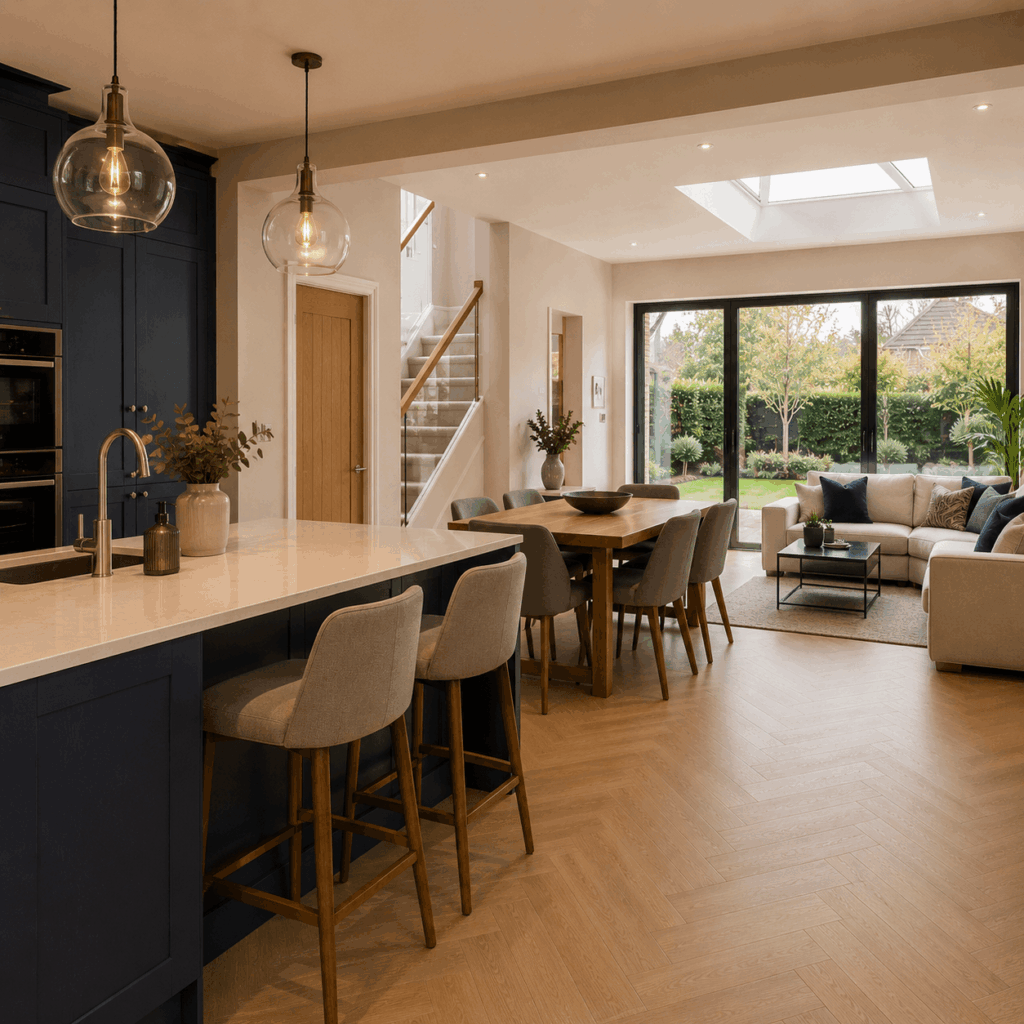 Double storey open-plan kitchen extension by Brann New Homes builders in Crowborough, East Sussex