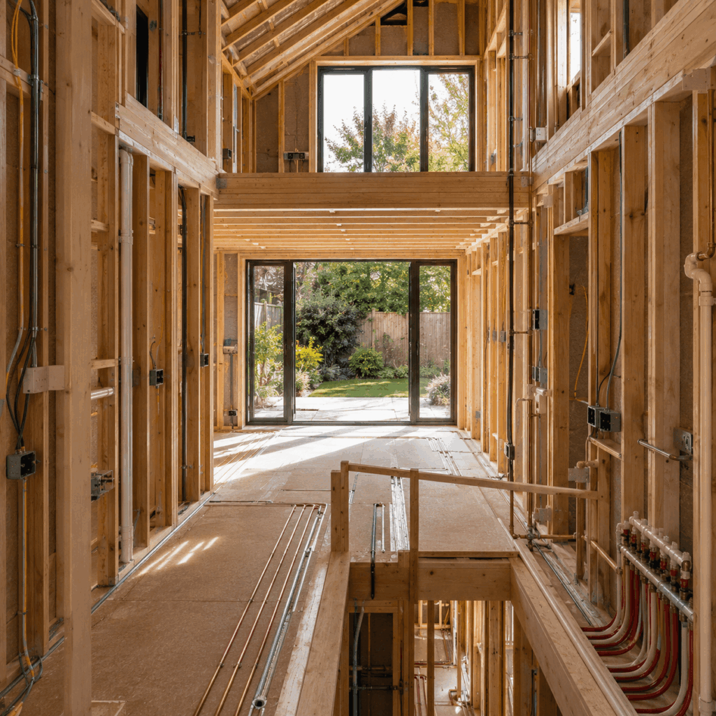 Double storey extension first-fix plumbing, electrics and insulation by Brann New Homes builders in Crowborough
