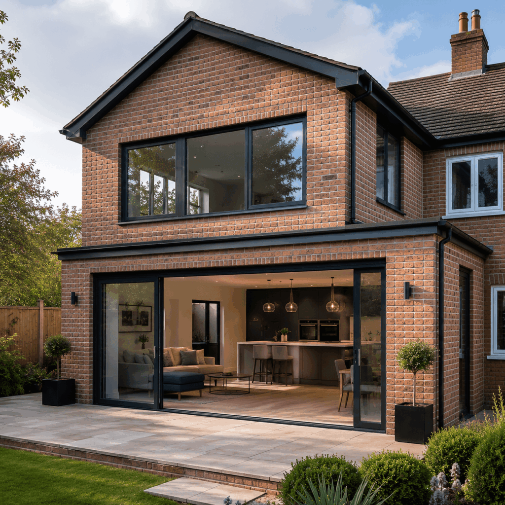 Double storey extension glazing and windows by Brann New Homes builders in Crowborough, East Sussex
