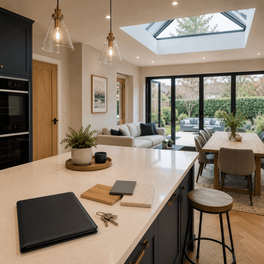 Single storey extension handover with keys by Brann New Homes builders in Crowborough, East Sussex
