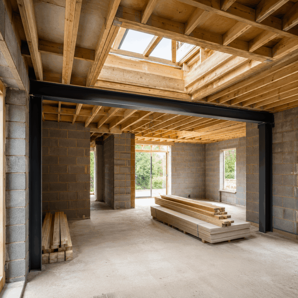 Kitchen extension brickwork and roof structure by Brann New Homes builders in Crowborough, East Sussex
