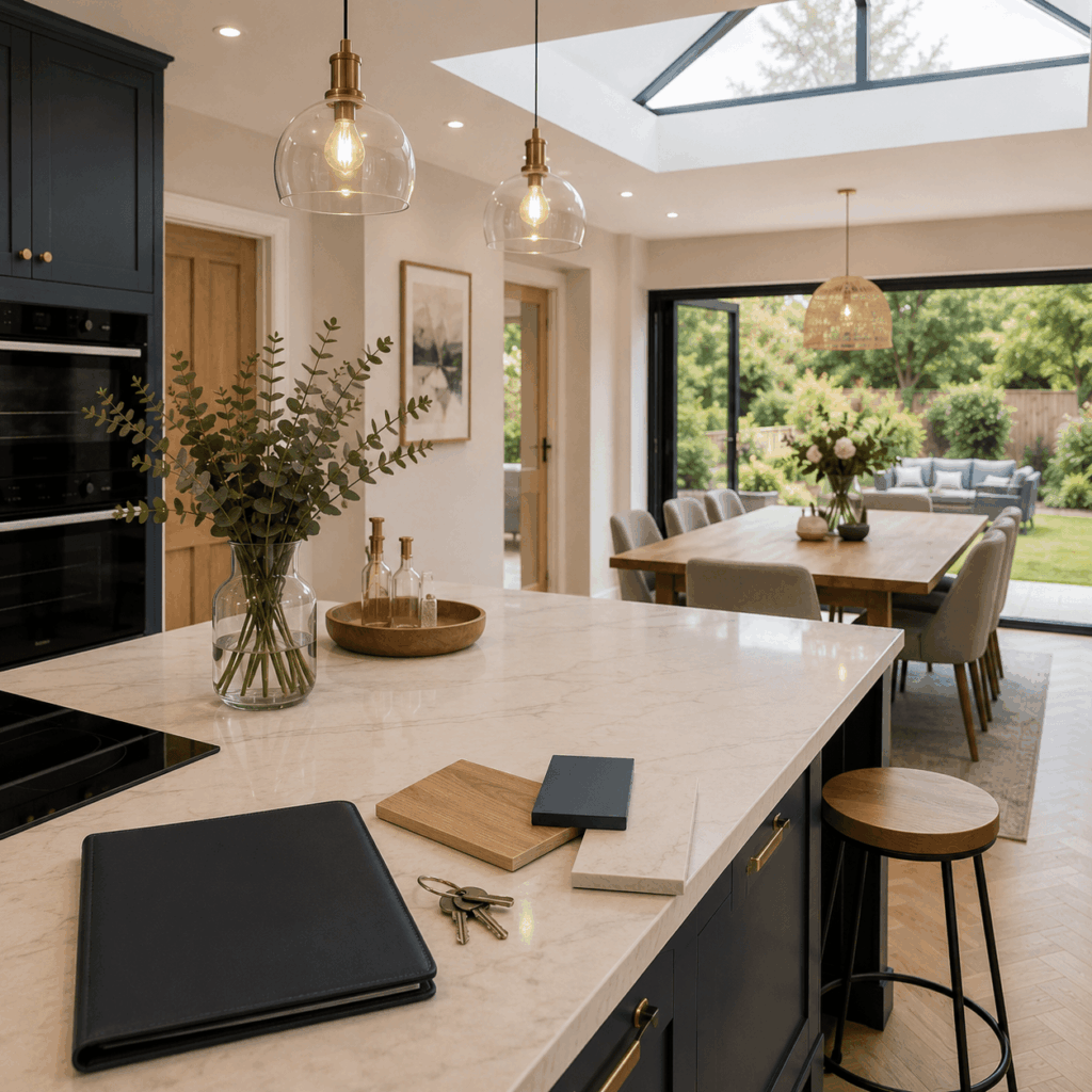 Kitchen extension handover with keys by Brann New Homes builders in Crowborough, East Sussex