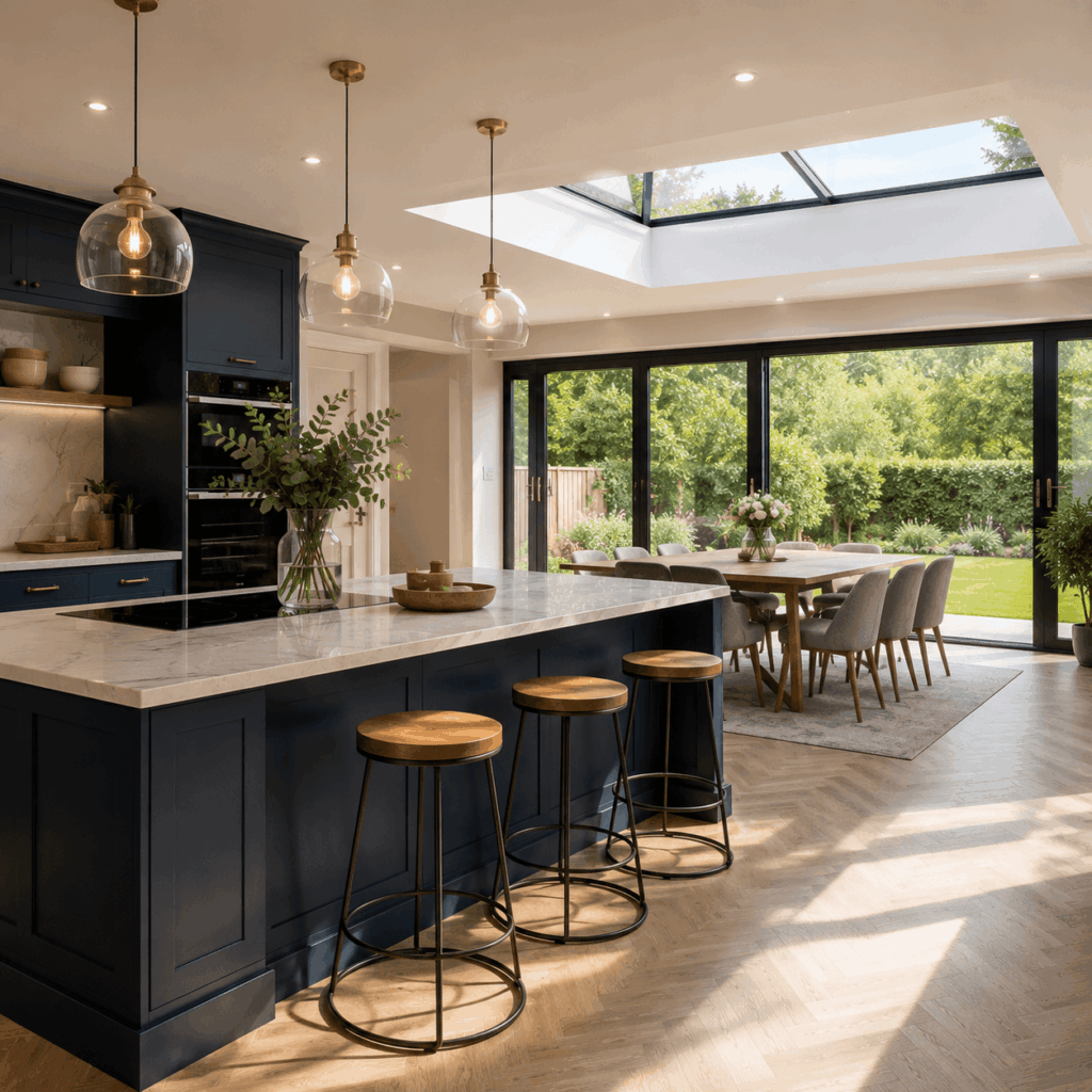 Kitchen extension glazing and rooflights by Brann New Homes builders in Crowborough, East Sussex