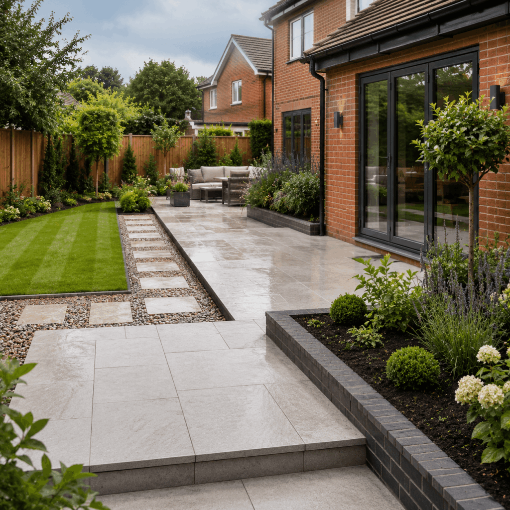 Brann New Homes landscaping services in Crowborough with porcelain patio, lawn and premium garden design