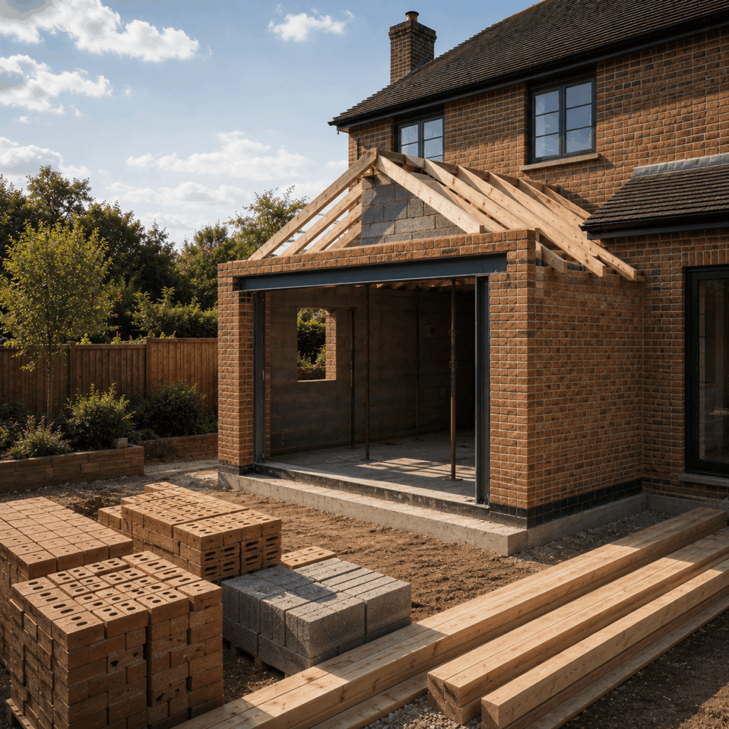 Rear extension brickwork and roof structure by Brann New Homes builders in Crowborough, East Sussex