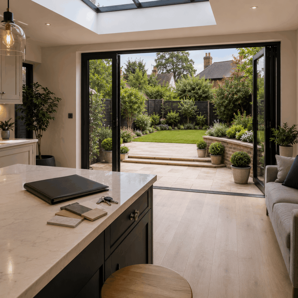 Rear extension handover with finished kitchen by Brann New Homes builders in Crowborough, East Sussex