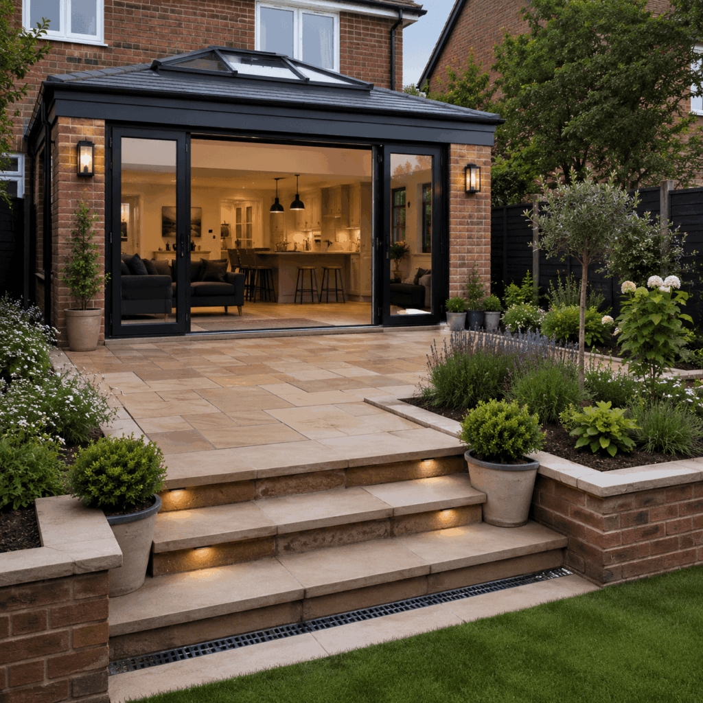 Rear extension external works and patio by Brann New Homes builders in Crowborough, East Sussex