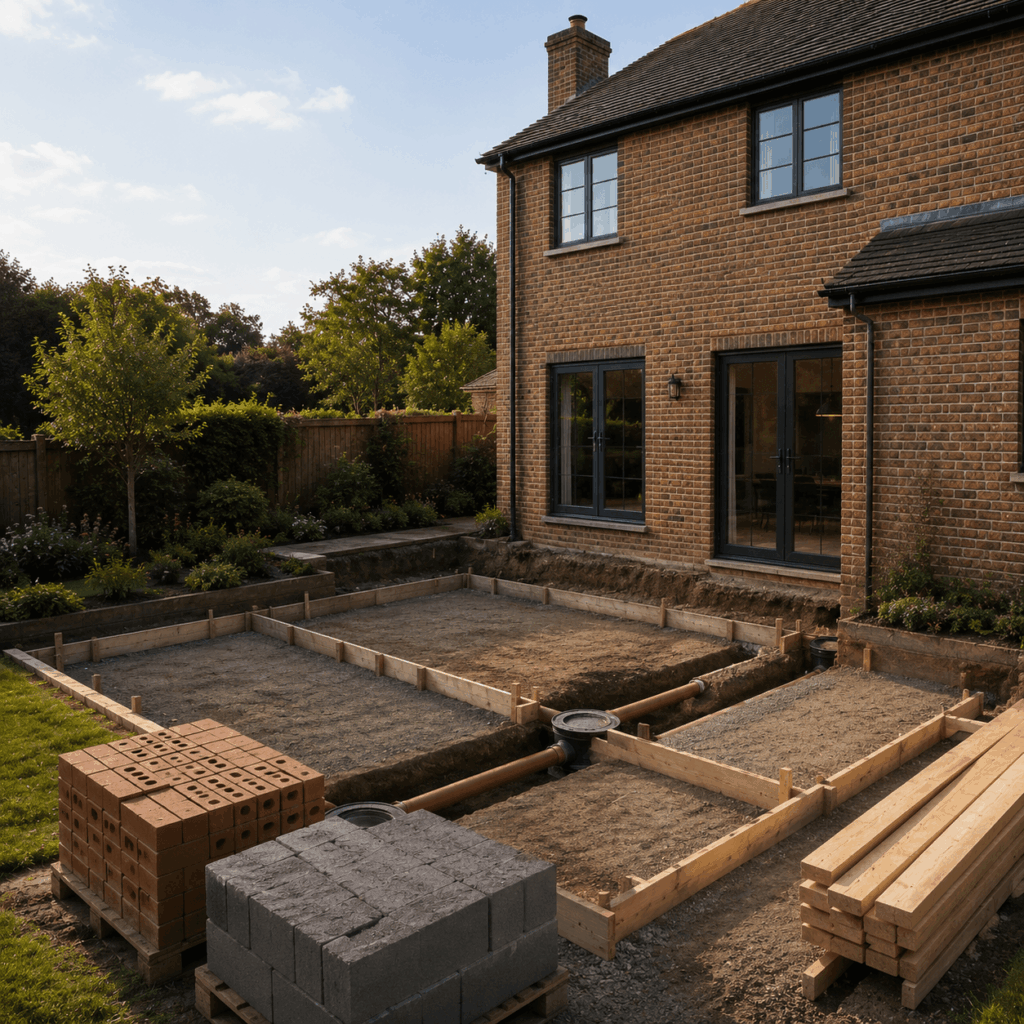 Groundworks and foundations for rear extension by Brann New Homes builders in Crowborough, East Sussex