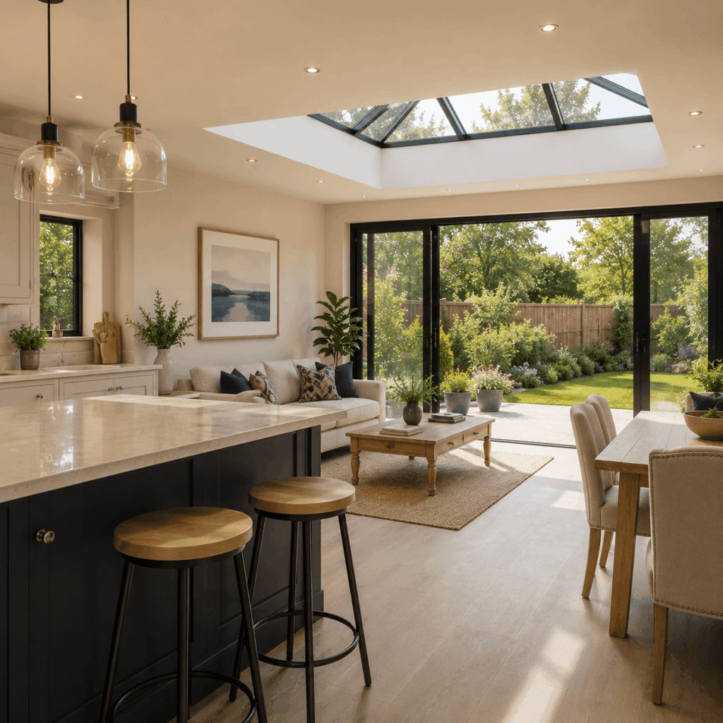 Open-plan rear kitchen extension by Brann New Homes builders in Crowborough, East Sussex