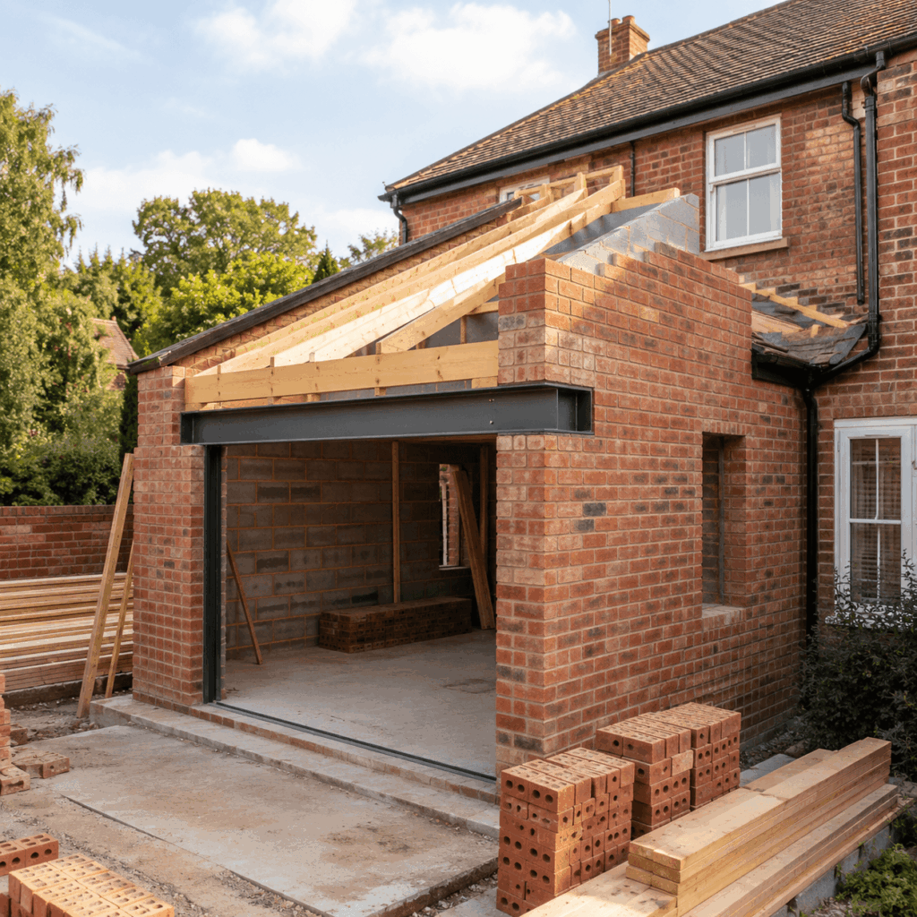 Side return extension brickwork and roof structure by Brann New Homes builders in Crowborough, East Sussex