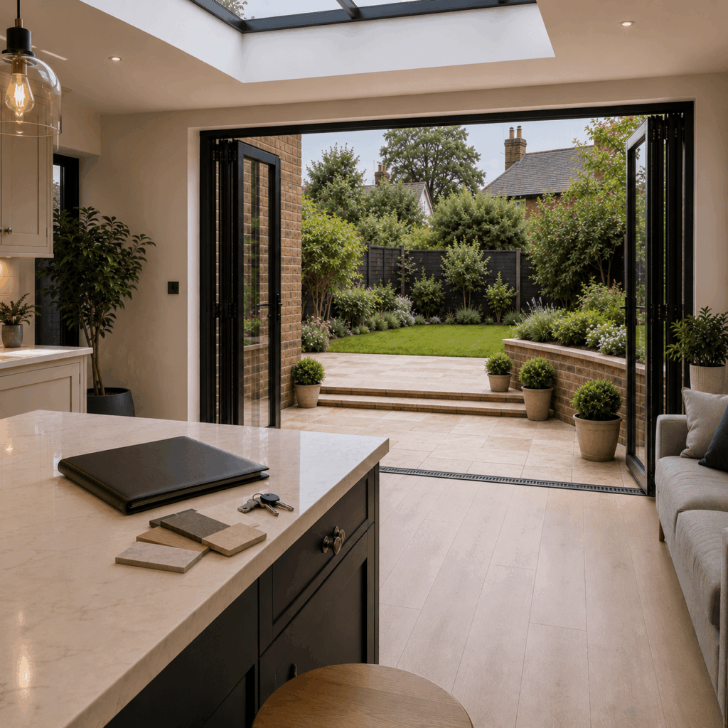 Side return extension handover with finished kitchen by Brann New Homes builders in Crowborough, East Sussex