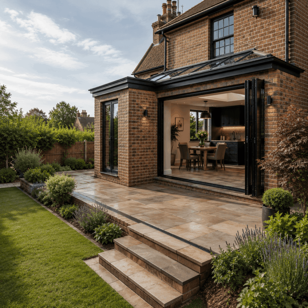 Side return extension patio and landscaping by Brann New Homes builders in Crowborough, East Sussex