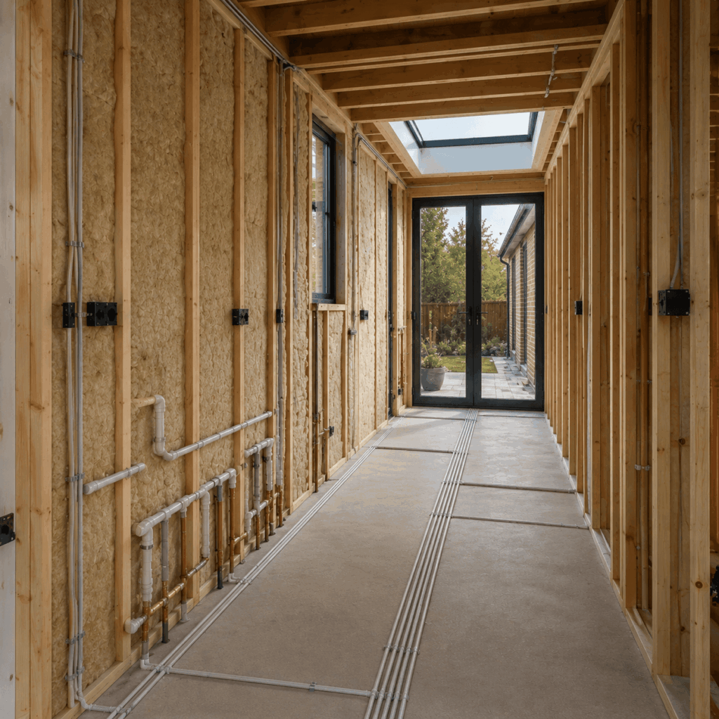 Side return extension first fix by Brann New Homes builders in Crowborough, East Sussex