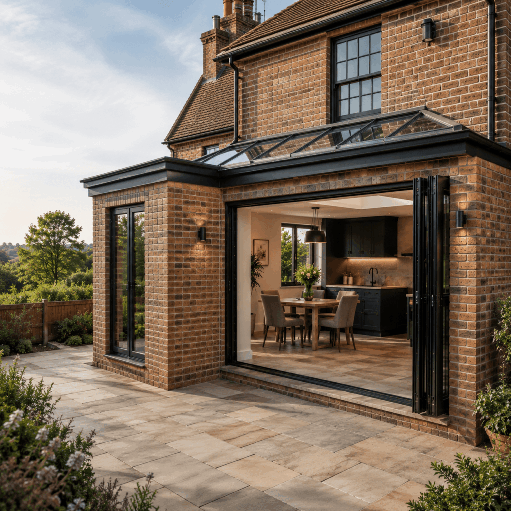 Side return extension with bifold doors by Brann New Homes builders in Crowborough, East Sussex
