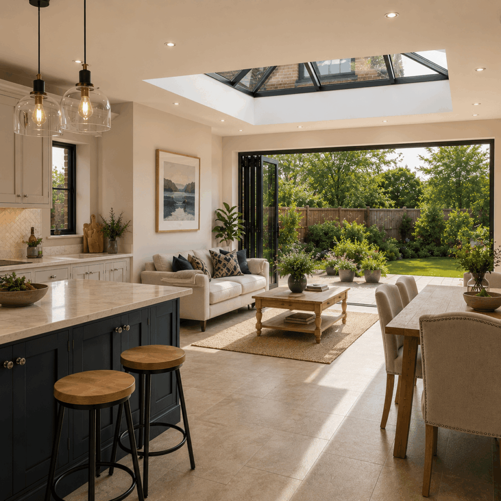Open-plan side return kitchen by Brann New Homes builders in Crowborough, East Sussex