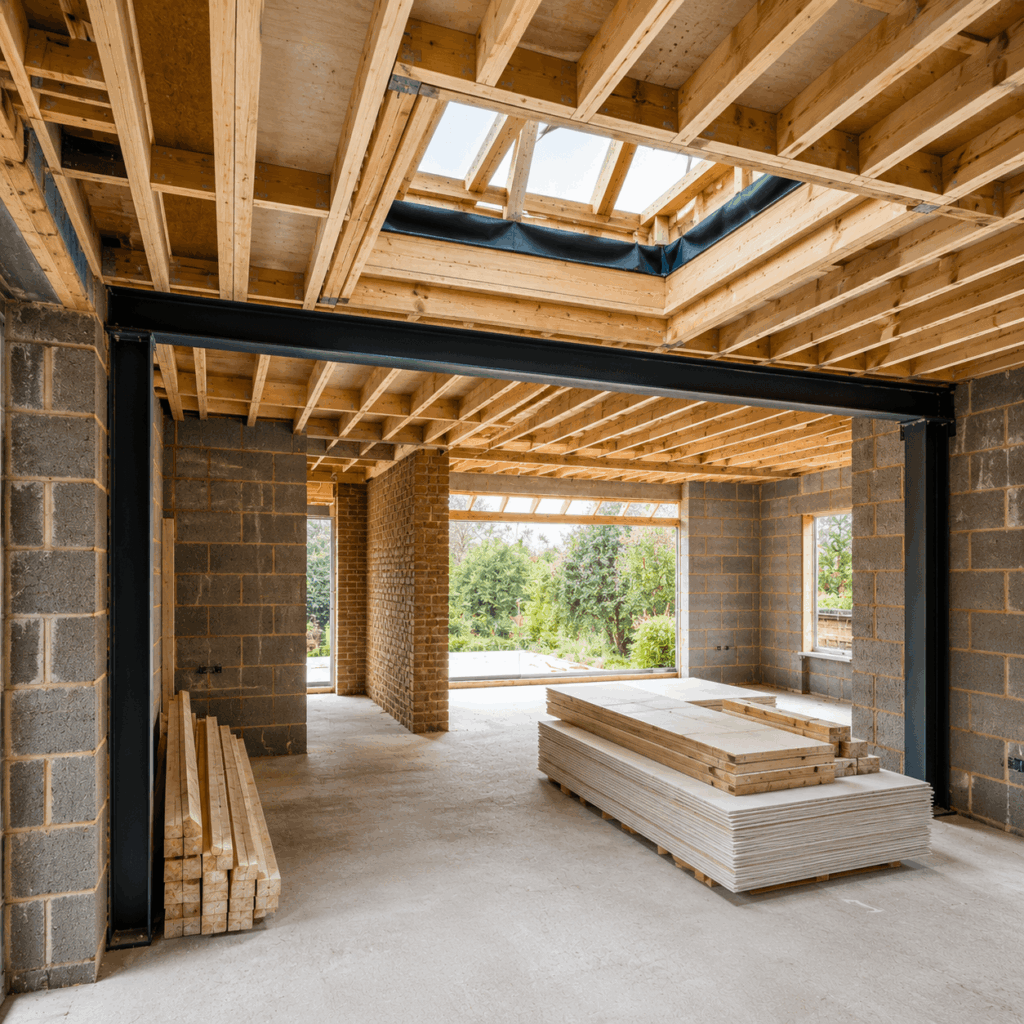 Single storey extension brickwork and roof structure by Brann New Homes builders in Crowborough, East Sussex