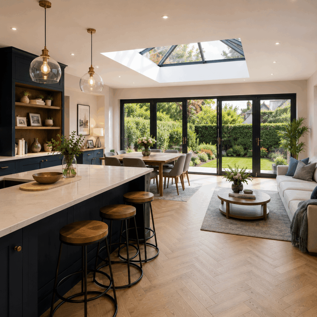Single storey open-plan kitchen extension by Brann New Homes builders in Crowborough, East Sussex