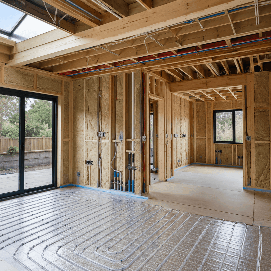 Single storey extension plumbing, electrics and insulation by Brann New Homes builders in Crowborough