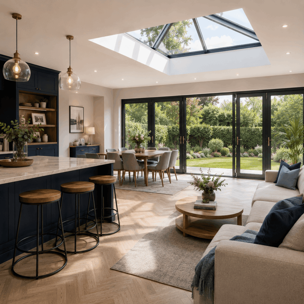 Single storey extension glazing and roof lantern by Brann New Homes builders in Crowborough, East Sussex