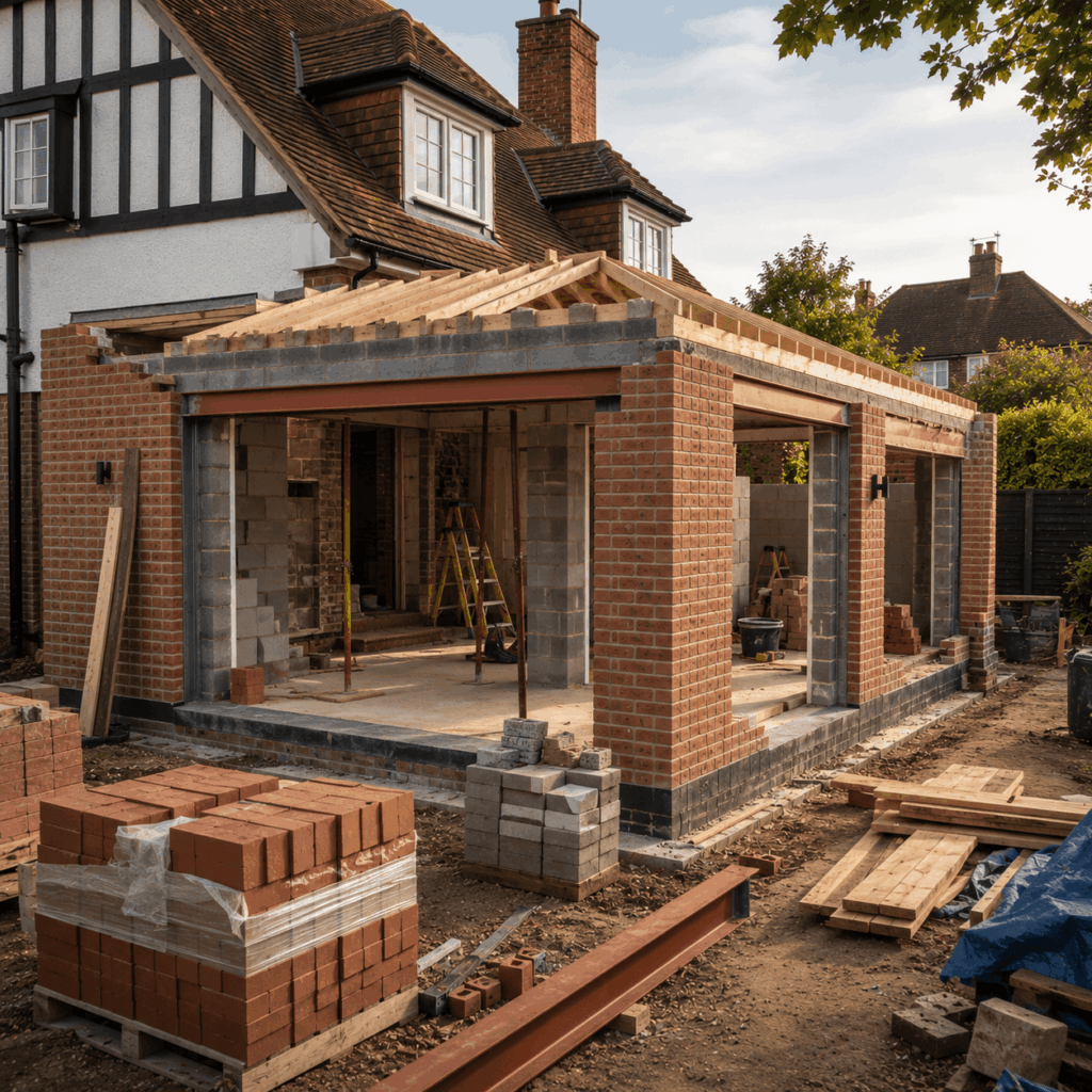 Wraparound extension brickwork and roof structure by Brann New Homes builders in Crowborough, East Sussex