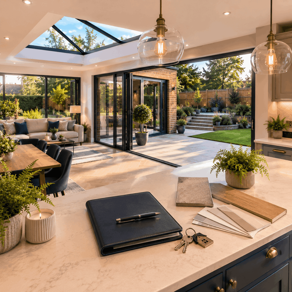 Wraparound extension handover with keys by Brann New Homes builders in Crowborough, East Sussex