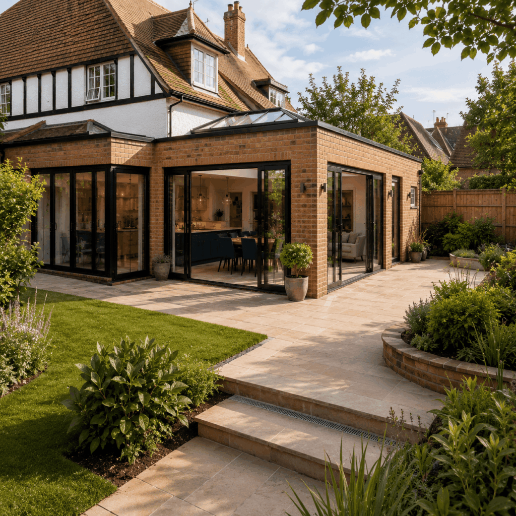 Wraparound extension patio and landscaping by Brann New Homes builders in Crowborough, East Sussex