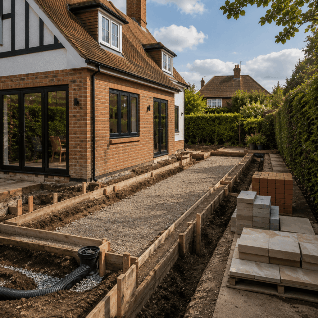Groundworks and foundations for wraparound extension by Brann New Homes builders in Crowborough, East Sussex