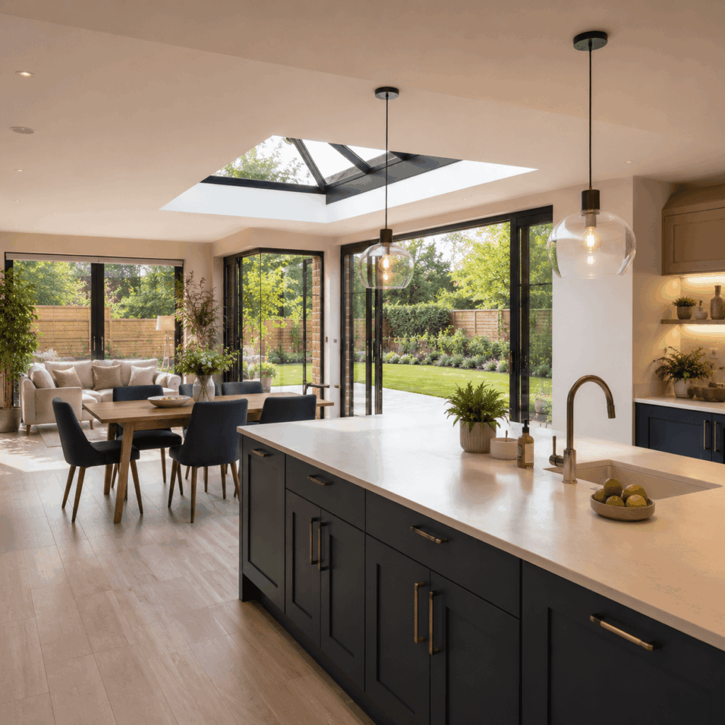 Wraparound open-plan kitchen by Brann New Homes builders in Crowborough, East Sussex
